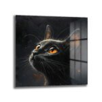 Gizemli Turuncu Gözler: Siyah Kedi Modern Dekoratif Cam Tablo Duvar Dekoru Gizemli Turuncu Gözler: Siyah Kedi Modern Dekoratif Cam Tablo, karanlık bir arka plan üzerinde kehribar rengi parlayan gözleriyle yukarıya bakan asil bir siyah kediyi gösteren temperli cam duvar sanatı.