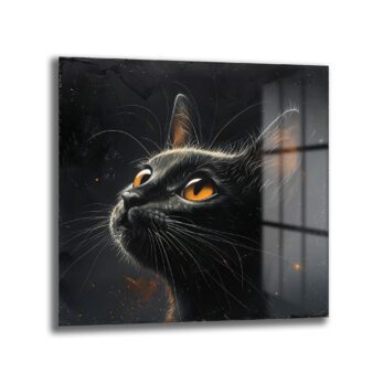 Gizemli Turuncu Gözler: Siyah Kedi Modern Dekoratif Cam Tablo - Glazella