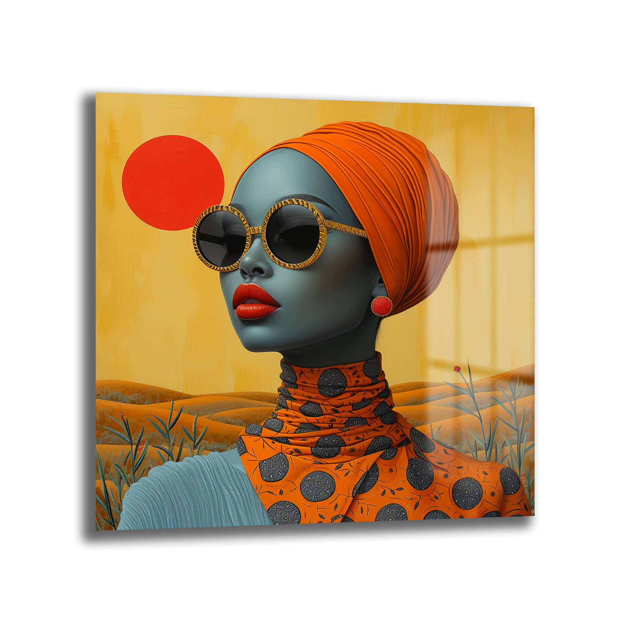 Gizemli Bakışlar: Afro Chic Modern Sanat Cam Tablo Duvar Dekoru Turuncu türbanlı, yuvarlak güneş gözlüklü ve kırmızı rujlu şık bir kadının modern sanat portresi. Arka planda sarı-turuncu tonlarda bir manzara ve kırmızı bir güneş yer alıyor.