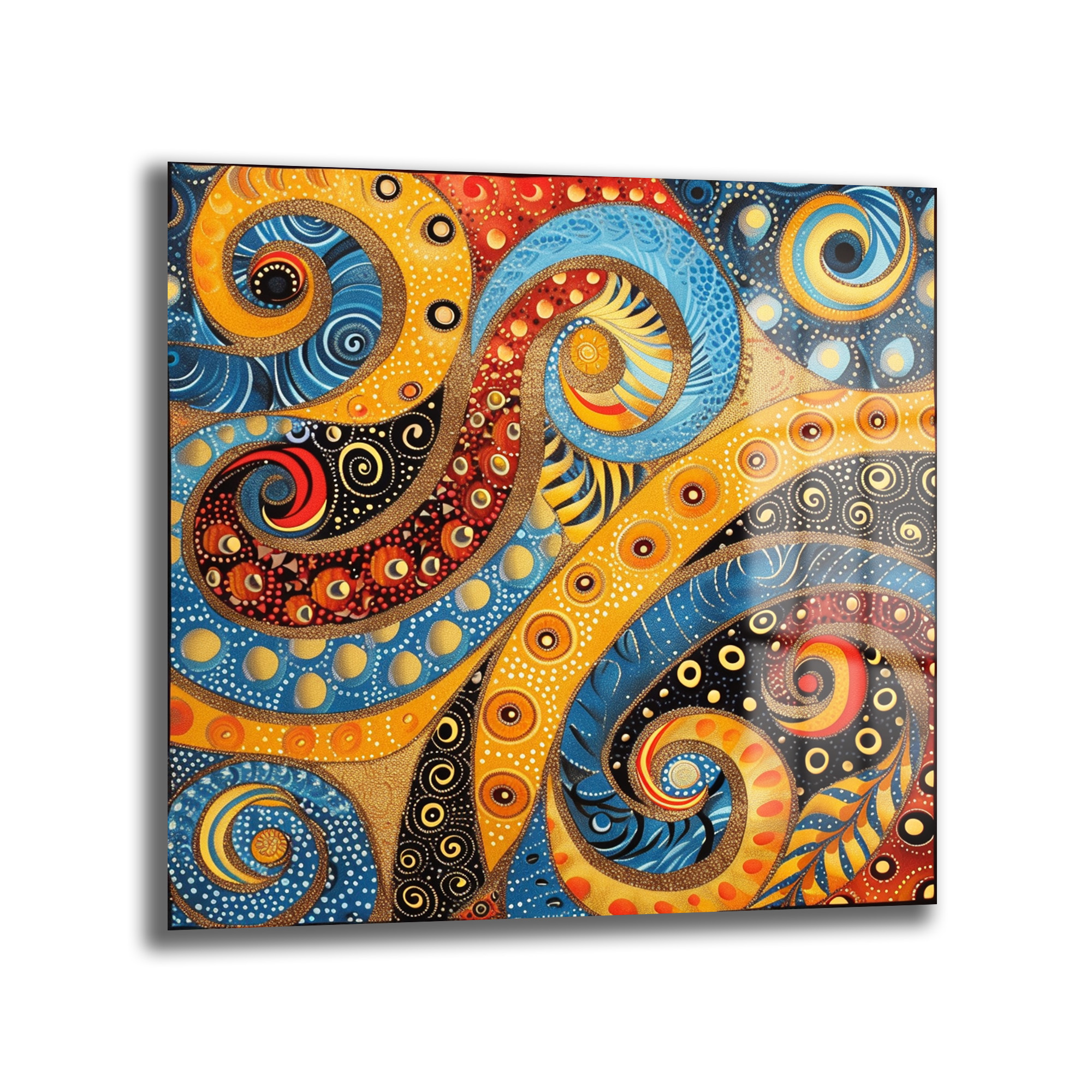 Büyüleyici Spiral Akış Soyut Tasarım Cam Tablo Duvar Dekoru Parlak mavi, turuncu, kırmızı ve siyah tonlarında, altın detaylarla zenginleştirilmiş, karmaşık spiral ve nokta desenleriyle dolu soyut bir cam tablo. Sanatsal ve enerjik bir görsel.