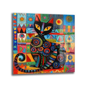 Neşeli Kedi: Canlı Renklerle Modern Sanat Cam Tablo - Glazella