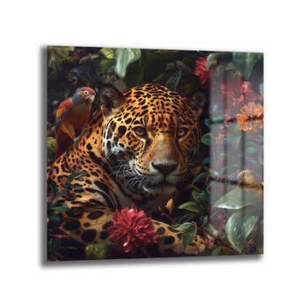 Jungle Gözleri: Jaguar ve Papağan Temalı Premium Cam Tablo - Glazella
