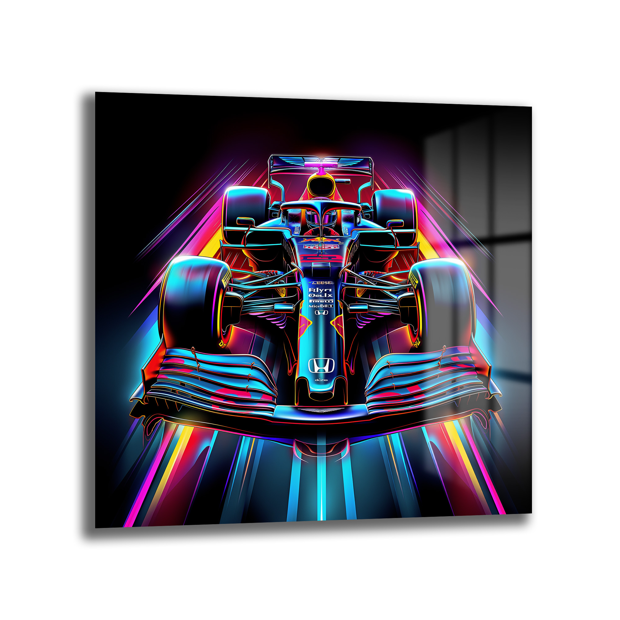 Neon Hız F1 Yarış Arabası Estetik Cam Tablo Duvar Dekoru Koyu arka plan üzerinde, neon pembe, mavi, mor ve sarı ışık efektleriyle çevrili, önden görünen parlak ve detaylı bir Formula 1 yarış arabası cam tablo.