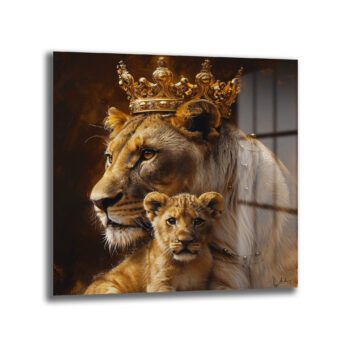 Taçlı Aslan Anne ve Yavrusu Regal Cam Tablo - Glazella