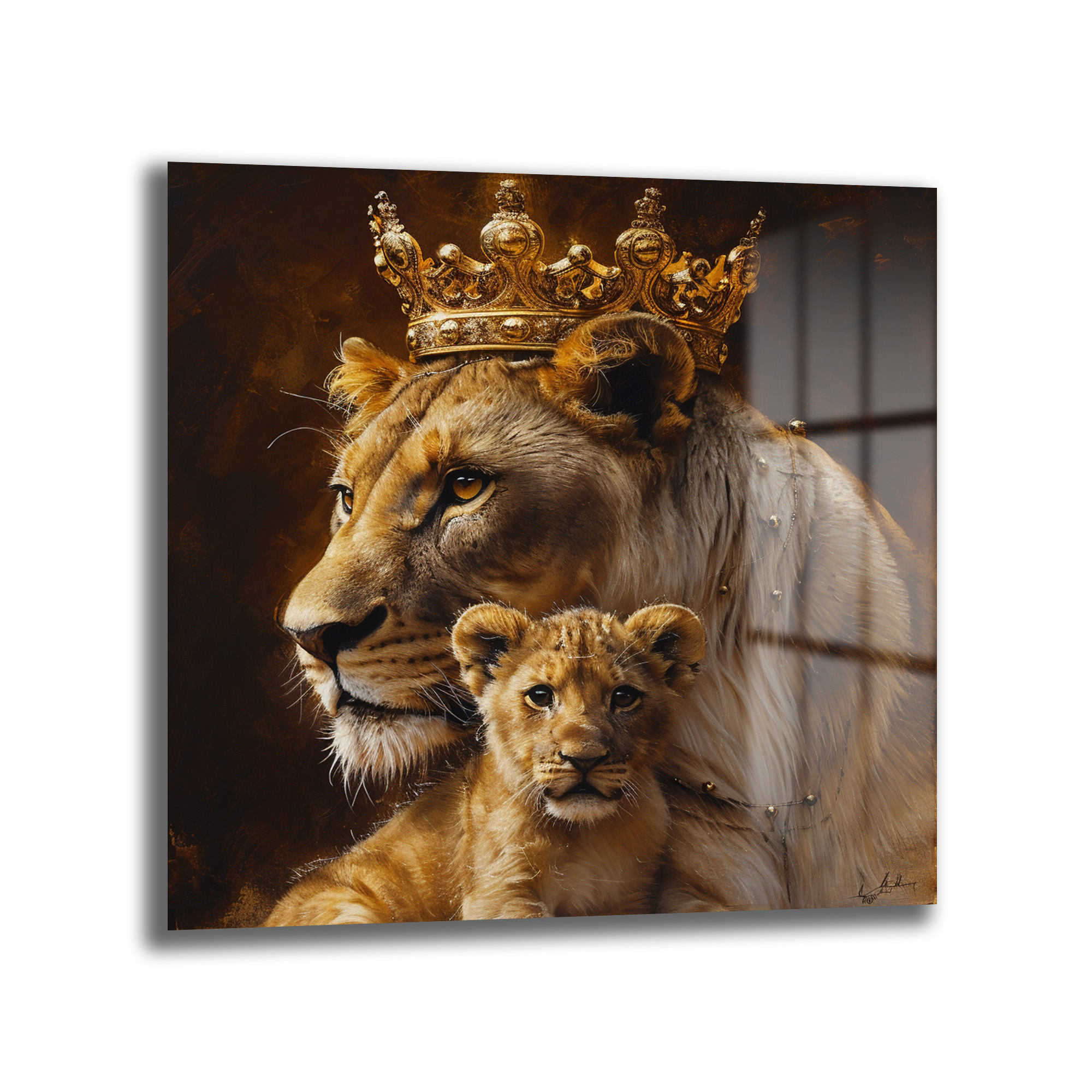 Taçlı Aslan Anne ve Yavrusu Regal Cam Tablo Duvar Dekoru Altın taç takmış güçlü bir aslan anne ve sevimli yavrusunun birlikte poz verdiği, sıcak kahve ve altın tonlarında, regal temalı cam tablo.