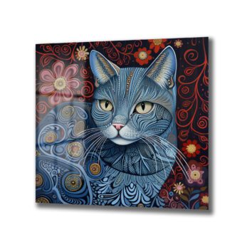 Mistik Mavi Kedi: Canlı Desenli Dekoratif Cam Tablo - Glazella Mistik Mavi Kedi: Canlı Desenli Dekoratif Cam Tablo - Glazella
