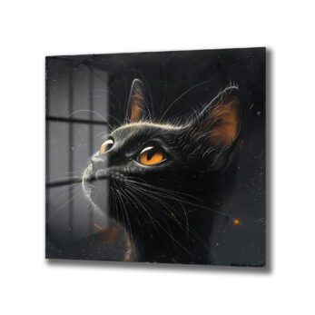Gizemli Turuncu Gözler: Siyah Kedi Modern Dekoratif Cam Tablo - Glazella