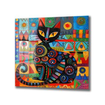 Neşeli Kedi: Canlı Renklerle Modern Sanat Cam Tablo - Glazella