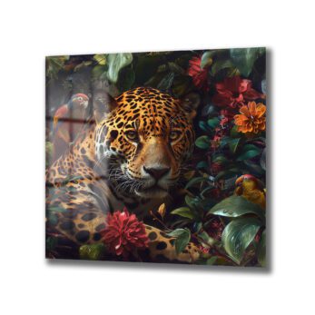Jungle Gözleri: Jaguar ve Papağan Temalı Premium Cam Tablo - Glazella