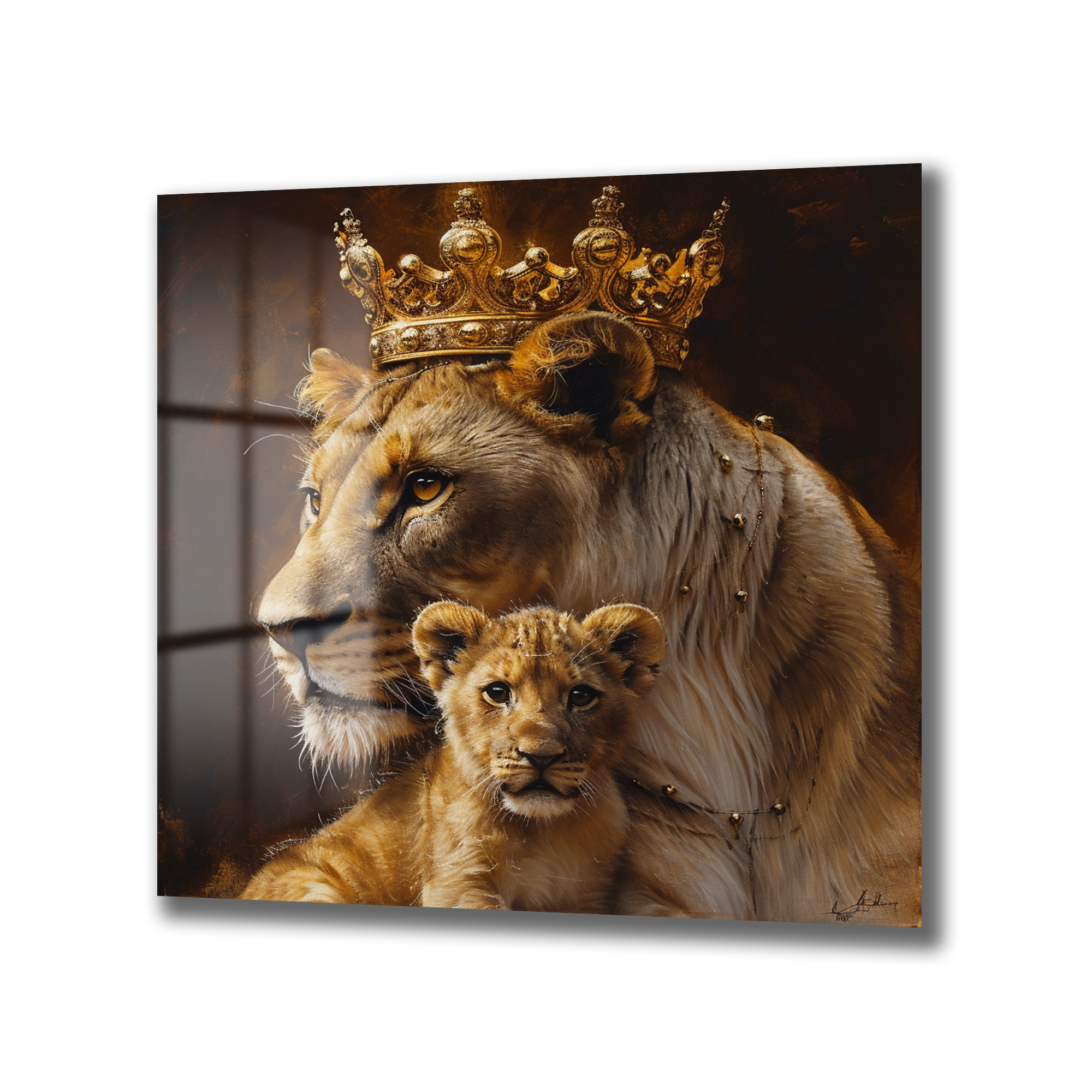 Taçlı Aslan Anne ve Yavrusu Regal Cam Tablo Duvar Dekoru Taçlı Aslan Anne ve Yavrusu Regal Cam Tablo - Görsel 4