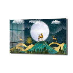 Ay Işığı Altında Altın Geyikler: Modern Manzara Cam Tablo Duvar Dekoru Ay Işığı Altında Altın Geyikler: Modern Manzara Cam Tablo Dekoratif Cam Tablo