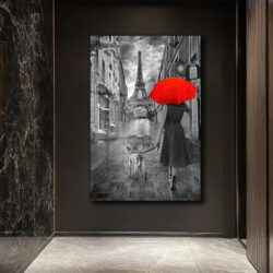 Paris'te Yağmurda Yürüyüş: Kırmızı Şemsiye Detaylı Cam Tablo Duvar Dekoru Paris'te Yağmurda Yürüyüş: Kırmızı Şemsiye Detaylı Cam Tablo Dekoratif Cam Tablo