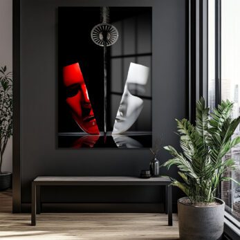 Maskelerin Dramı: Kırmızı ve Beyaz Denge Modern Cam Tablo - Glazella Maskelerin Dramı: Kırmızı ve Beyaz Denge Modern Cam Tablo - Glazella