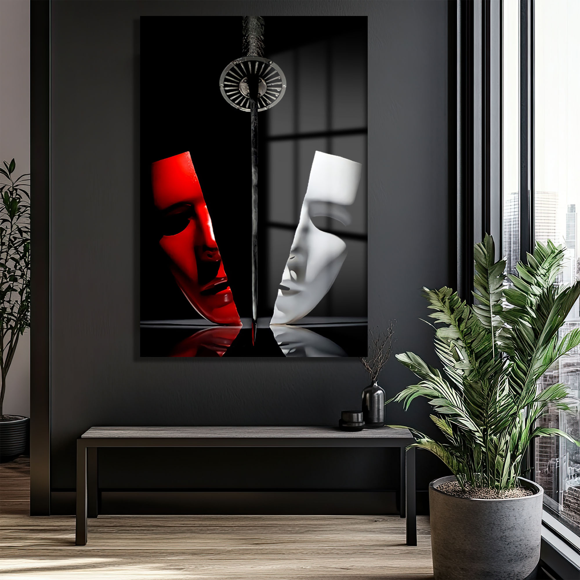 Maskelerin Dramı: Kırmızı ve Beyaz Denge Modern Cam Tablo - Glazella Maskelerin Dramı: Kırmızı ve Beyaz Denge Modern Cam Tablo - Glazella
