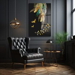 Lüks Altın Tüyler ve Uçan Kuşlar Modern Cam Tablo Duvar Dekoru Lüks Altın Tüyler ve Uçan Kuşlar Modern Cam Tablo Dekoratif Cam Tablo