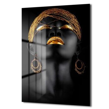 Altın Dokunuşlu Zarafet: Modern Siyah Kadın Portre Cam Tablo - Glazella Altın Dokunuşlu Zarafet: Modern Siyah Kadın Portre Cam Tablo - Glazella