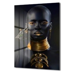 Altın Işıltılı Asalet: Modern Afrika Kraliçesi Cam Tablo Dekoratif Cam Tablo