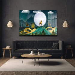 Ay Işığı Altında Altın Geyikler: Modern Manzara Cam Tablo Duvar Dekoru Ay Işığı Altında Altın Geyikler: Modern Manzara Cam Tablo Dekoratif Cam Tablo