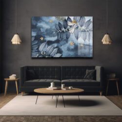 Derin Mavi ve Altın Yapraklar: Modern Botanik Cam Tablo Duvar Dekoru Derin Mavi ve Altın Yapraklar: Modern Botanik Cam Tablo Dekoratif Cam Tablo