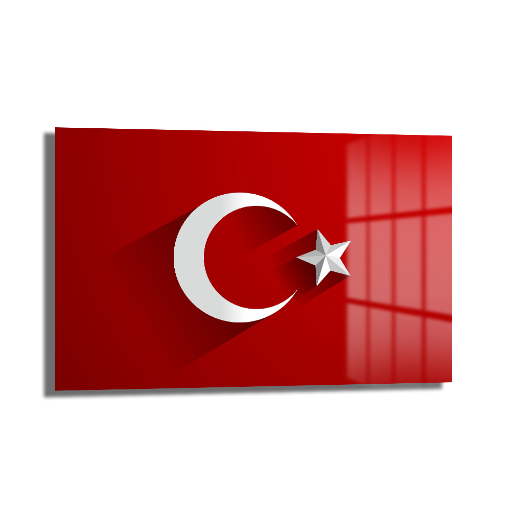 Milli Gururun Yansıması: Türk Bayrağı 4mm Temperli Cam Tablo Duvar Dekoru Milli Gururun Yansıması: Türk Bayrağı 4mm Temperli Cam Tablo, kırmızı zemin üzerinde beyaz ay yıldız motifli, dayanıklı ve modern bir duvar dekorasyon ürünüdür.