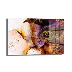 Altın Sırrı Soyut Sanat Temperli Cam Tablo, altın, mor ve kahve tonlarında dinamik fırça darbeleri ve ışıltılı detaylar içeren modern bir duvar sanatı eseridir. Kırılmaya dayanıklı temperli cam üzerine UV baskı ile üretilmiştir.