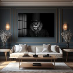 Asil Centilmen: Şapkalı Aslan Portresi Dekoratif Cam Tablo Duvar Dekoru Asil Centilmen: Şapkalı Aslan Portresi Dekoratif Cam Tablo Dekoratif Cam Tablo