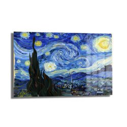 Yıldızlı Gece Cam Tablo: Van Gogh'un Büyülü Dokunuşu Duvar Dekoru Yıldızlı Gece Cam Tablo: Van Gogh'un Büyülü Dokunuşu, Vincent van Gogh'un ikonik tablosunu yansıtan, girdaplı mavi gökyüzü, parlak sarı yıldızlar, ay ve ön planda selvi ağacı ile sakin bir köy manzarasını betimleyen, 4mm temperli cam üzerine UV baskılı bir duvar sanatı.