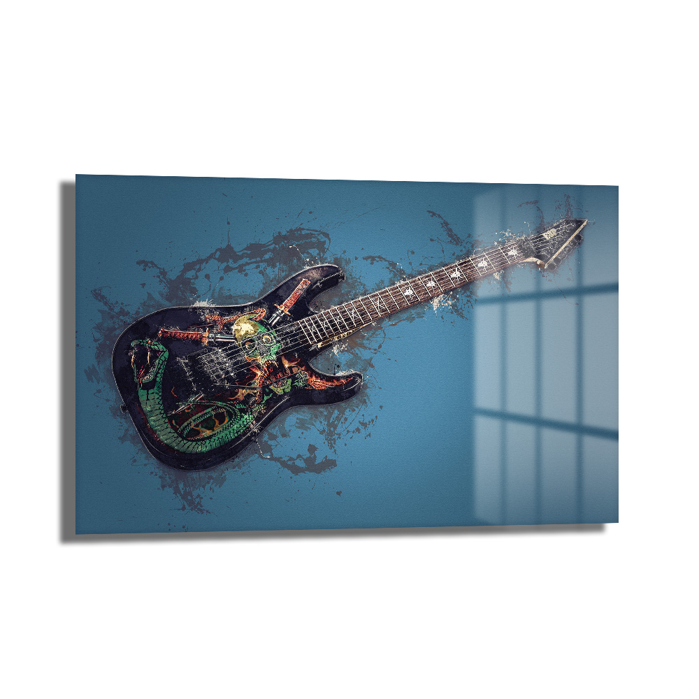 Asi Ruh: Grunge Elektrik Gitar Cam Tablo Duvar Dekoru Asi Ruh: Grunge Elektrik Gitar Cam Tablo, koyu dinamik arka plan üzerinde yılan ve kuru kafa detaylı elektrik gitar figürü ile grunge esintili, canlı yeşil, turuncu ve siyah tonlarında modern duvar sanatı.