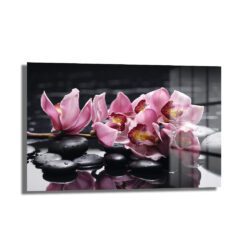 Zen Bahçesi: Pembe Orkide ve Spa Taşları Modern Cam Tablo - Glazella Zen Bahçesi: Pembe Orkide ve Spa Taşları Modern Cam Tablo - Glazella