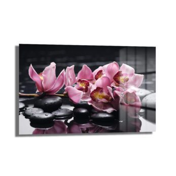 Zen Bahçesi: Pembe Orkide ve Spa Taşları Modern Cam Tablo - Glazella