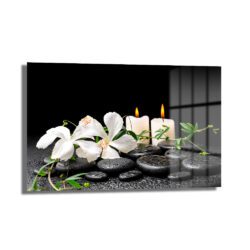 Zen Bahçesi: Beyaz Çiçekler ve Mumlar Temalı Dekoratif Cam Tablo - Glazella Zen Bahçesi: Beyaz Çiçekler ve Mumlar Temalı Dekoratif Cam Tablo - Glazella