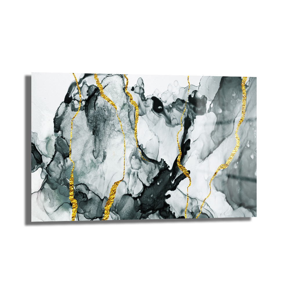 Kintsugi Ruhu: Altın Damarlı Siyah Beyaz Soyut Cam Tablo Duvar Dekoru Kintsugi Ruhu: Altın Damarlı Siyah Beyaz Soyut Cam Tablo, siyah, beyaz ve gri tonlarda soyut mürekkep sanatını altın rengi Kintsugi damarlarıyla birleştiren, modern ve dekoratif bir temperli cam duvar sanatı.