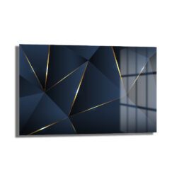 Geometrik Altın Dokunuşlar: Lacivert Modern Cam Tablo ürünü, derin lacivert zeminde altın renkli geometrik çizgilerle modern ve soyut bir tasarım sunan temperli cam duvar sanatı.