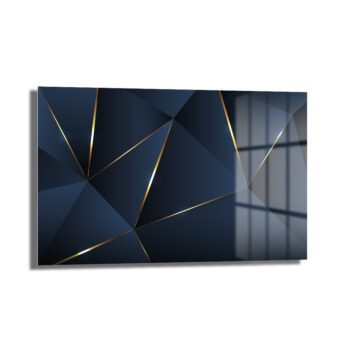 Geometrik Altın Dokunuşlar: Lacivert Modern Cam Tablo - Glazella