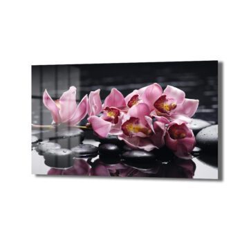 Zen Bahçesi: Pembe Orkide ve Spa Taşları Modern Cam Tablo - Glazella Zen Bahçesi: Pembe Orkide ve Spa Taşları Modern Cam Tablo - Glazella