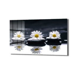 Zen Papatyalar ve Siyah Taşlar: Huzur Veren Modern Cam Tablo Duvar Dekoru Zen Papatyalar ve Siyah Taşlar: Huzur Veren Modern Cam Tablo Dekoratif Cam Tablo
