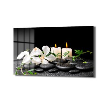 Zen Bahçesi: Beyaz Çiçekler ve Mumlar Temalı Dekoratif Cam Tablo - Glazella Zen Bahçesi: Beyaz Çiçekler ve Mumlar Temalı Dekoratif Cam Tablo - Glazella