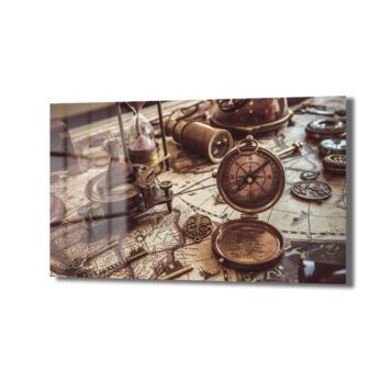 Antik Keşif: Vintage Pusula ve Harita Temalı Dekoratif Cam Tablo - Glazella Antik Keşif: Vintage Pusula ve Harita Temalı Dekoratif Cam Tablo - Glazella