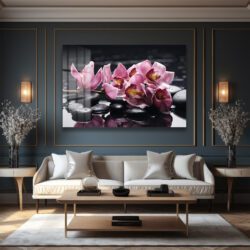 Zen Bahçesi: Pembe Orkide ve Spa Taşları Modern Cam Tablo Duvar Dekoru Zen Bahçesi: Pembe Orkide ve Spa Taşları Modern Cam Tablo Dekoratif Cam Tablo