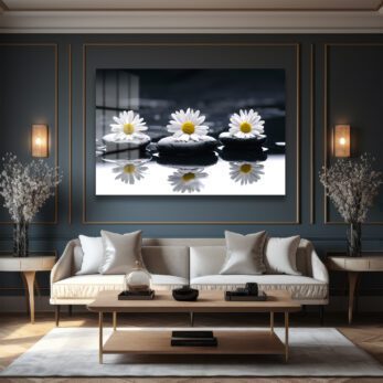 Zen Papatyalar ve Siyah Taşlar: Huzur Veren Modern Cam Tablo - Glazella