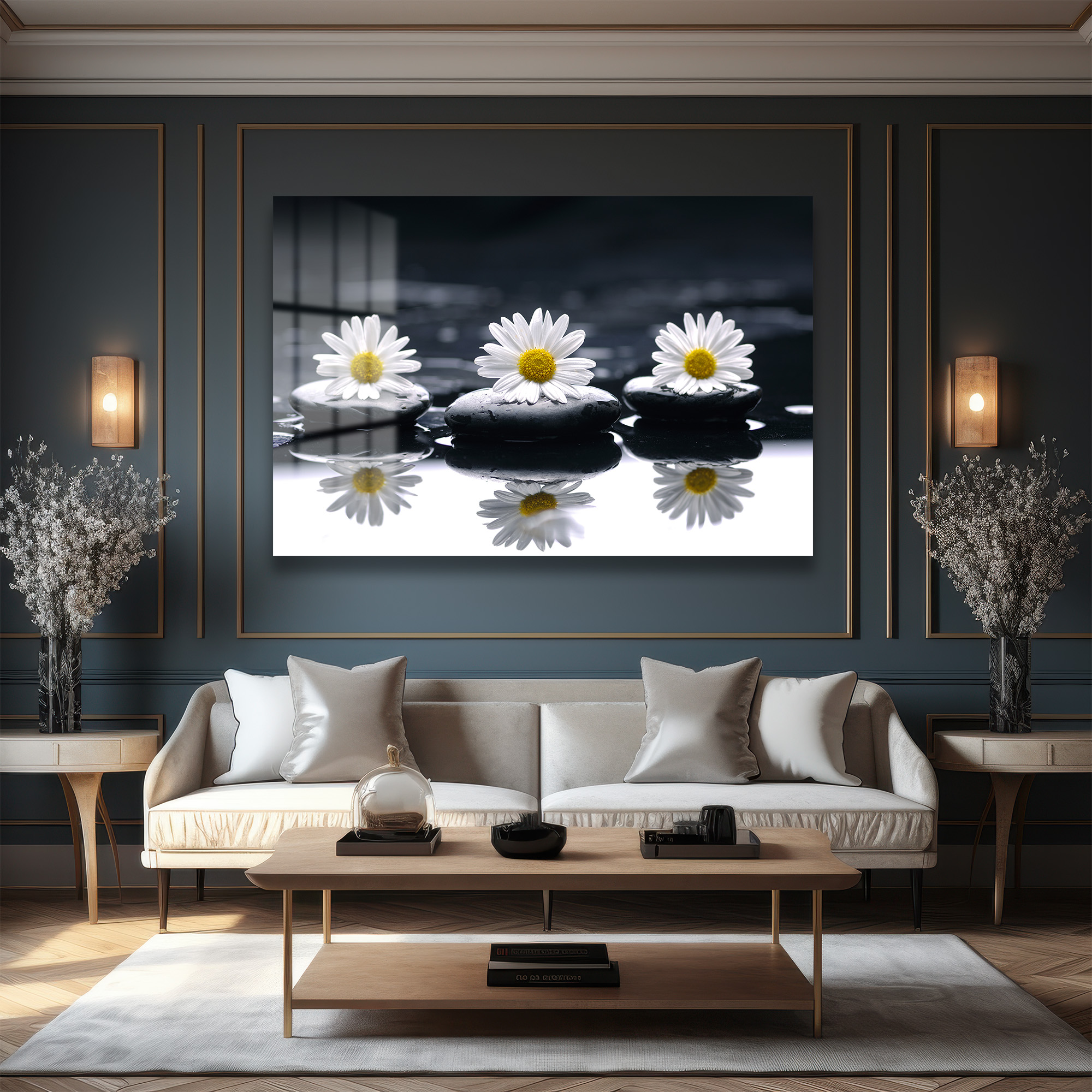 Zen Papatyalar ve Siyah Taşlar: Huzur Veren Modern Cam Tablo Duvar Dekoru Zen Papatyalar ve Siyah Taşlar: Huzur Veren Modern Cam Tablo - Görsel 2