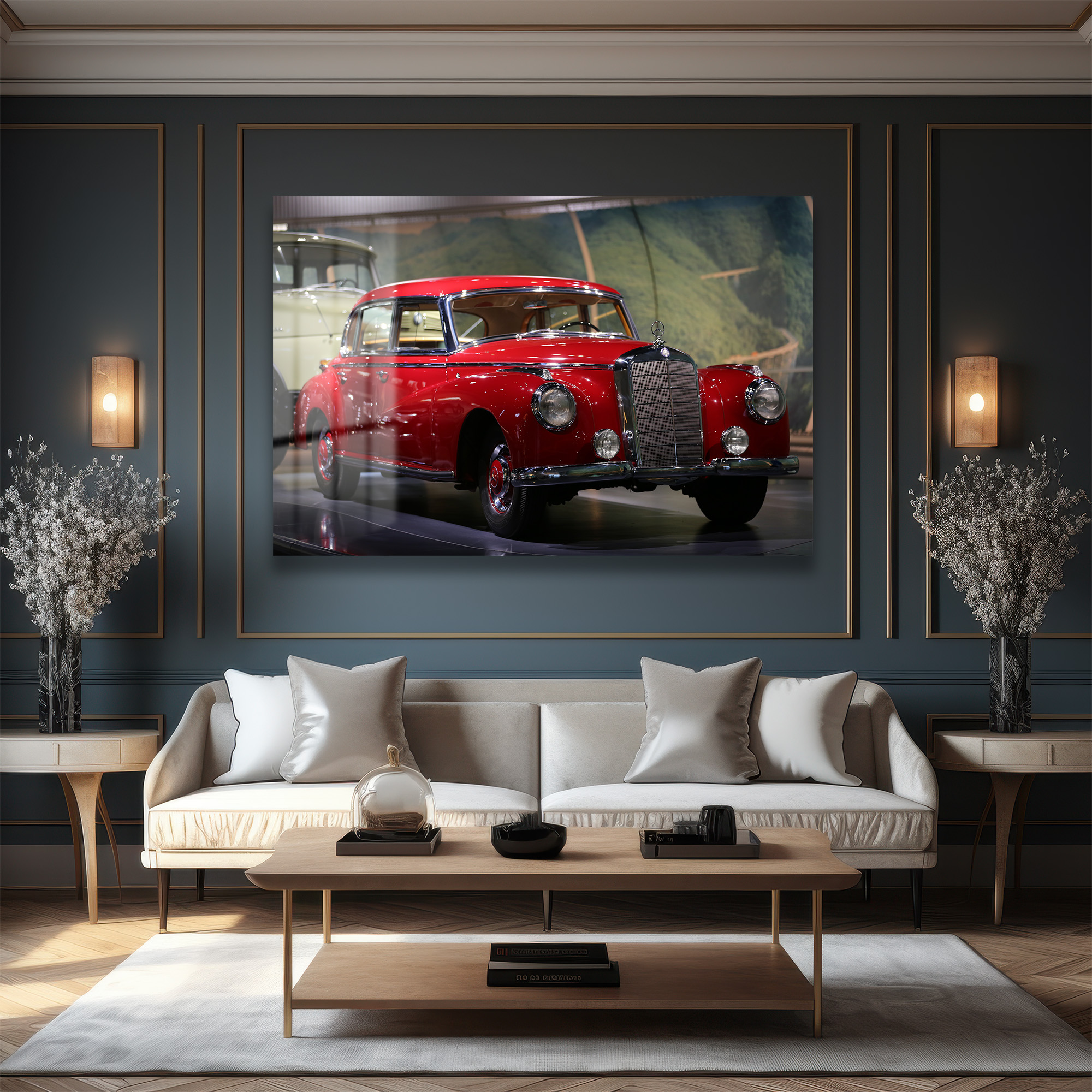 Kızıl Efsane: Vintage Mercedes Klasik Araba Cam Tablo Duvar Dekoru Kızıl Efsane: Vintage Mercedes Klasik Araba Cam Tablo - Görsel 2