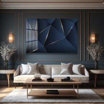 Geometrik Altın Dokunuşlar: Lacivert Modern Cam Tablo - Glazella