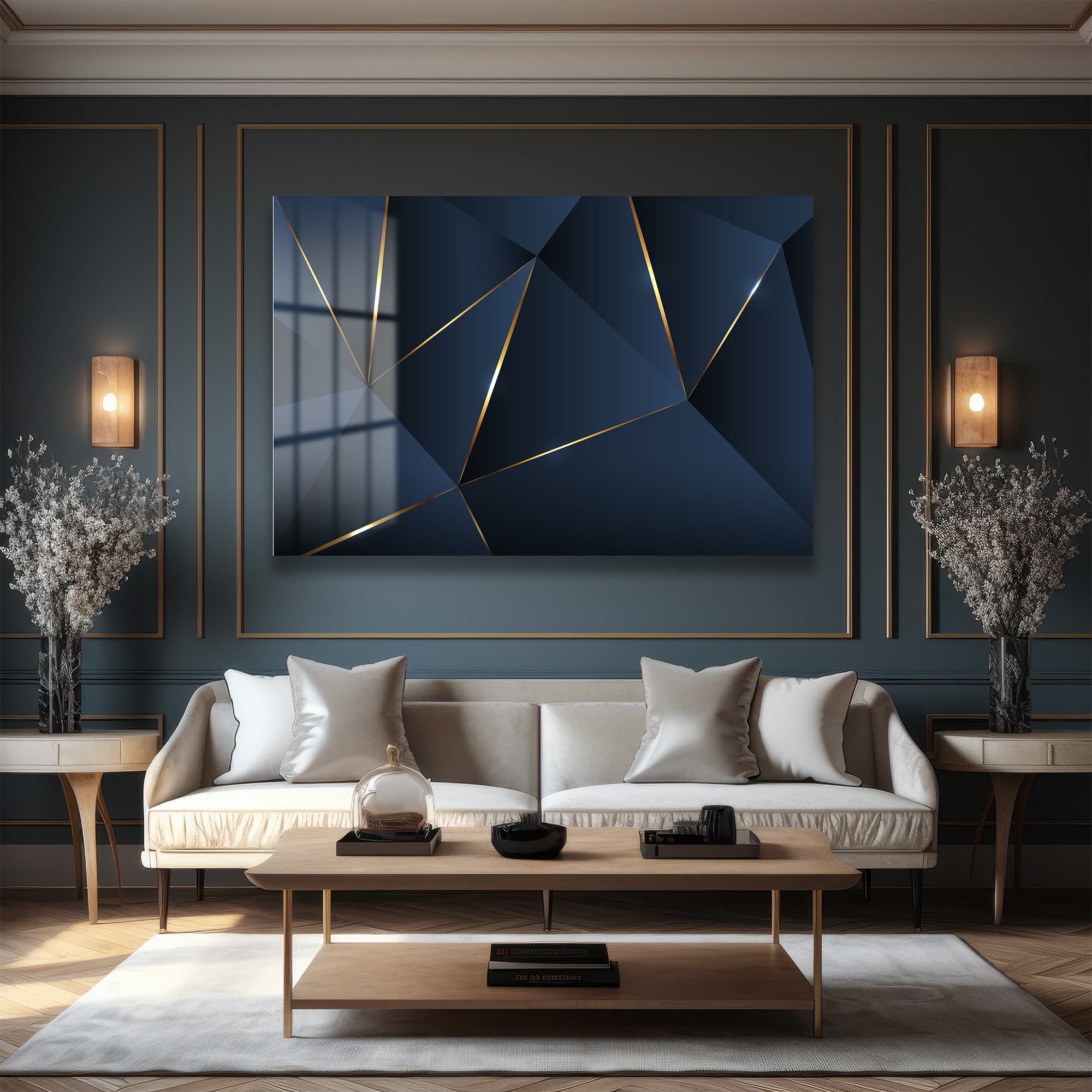 Geometrik Altın Dokunuşlar: Lacivert Modern Cam Tablo - Glazella Geometrik Altın Dokunuşlar: Lacivert Modern Cam Tablo - Glazella