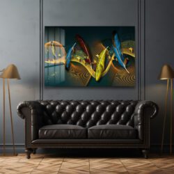 Hafifliğin Dansı: Modern Soyut Tüyler ve Altın Dalgalar Cam Tablo Duvar Dekoru Hafifliğin Dansı: Modern Soyut Tüyler ve Altın Dalgalar Cam Tablo Dekoratif Cam Tablo