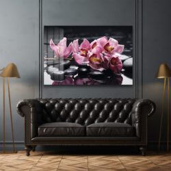 Zen Bahçesi: Pembe Orkide ve Spa Taşları Modern Cam Tablo Duvar Dekoru Zen Bahçesi: Pembe Orkide ve Spa Taşları Modern Cam Tablo Dekoratif Cam Tablo