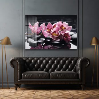 Zen Bahçesi: Pembe Orkide ve Spa Taşları Modern Cam Tablo - Glazella Zen Bahçesi: Pembe Orkide ve Spa Taşları Modern Cam Tablo - Glazella