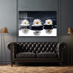 Zen Papatyalar ve Siyah Taşlar: Huzur Veren Modern Cam Tablo Duvar Dekoru Zen Papatyalar ve Siyah Taşlar: Huzur Veren Modern Cam Tablo Dekoratif Cam Tablo