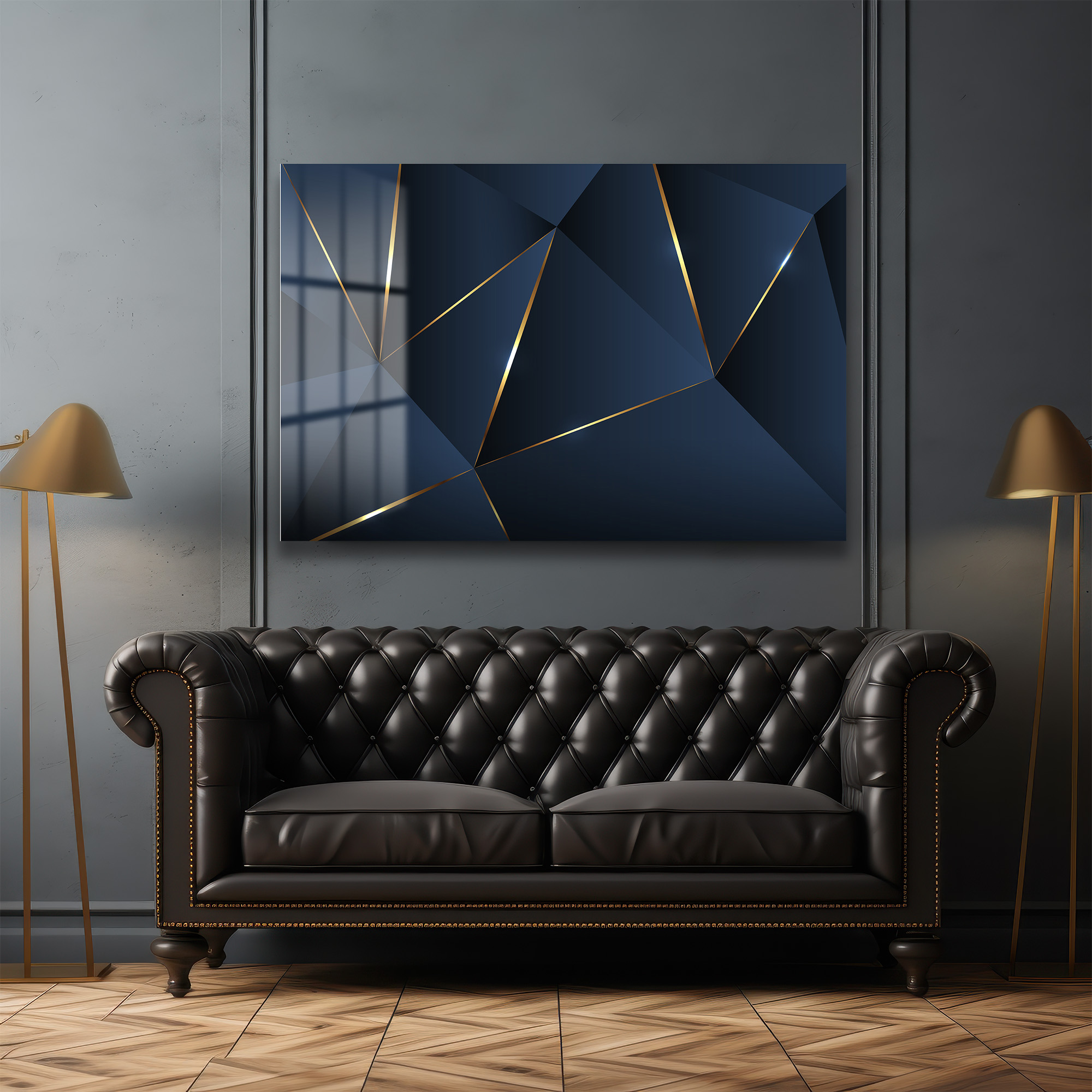 Geometrik Altın Dokunuşlar: Lacivert Modern Cam Tablo - Glazella Geometrik Altın Dokunuşlar: Lacivert Modern Cam Tablo - Glazella