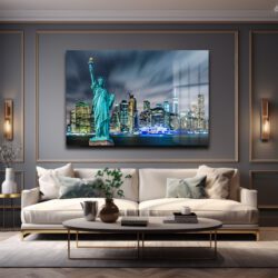 Özgürlüğün Şehri: New York Özgürlük Heykeli Manzaralı Cam Tablo Dekoratif Cam Tablo